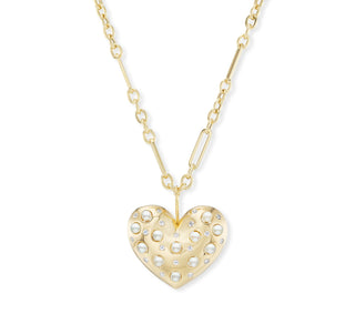 Gold Puff Heart Pendant with Diamonds & Pearls