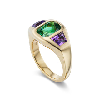 One-of-a-Kind BNS Ring with Emerald-Cut Tsavorite and Amethyst Trapezoid Sides