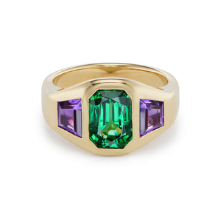 One-of-a-Kind BNS Ring with Emerald-Cut Tsavorite and Amethyst Trapezoid Sides