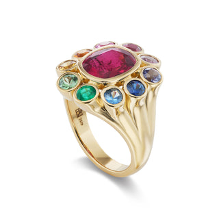 One-of-a-Kind Wildflower Ring with Pink Tourmaline and Rainbow Petals