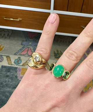 One-of-a-Kind BNS Ring with Oval Chrysoprase Cabochon and Oval Green Tourmaline Sides - SIZE 7