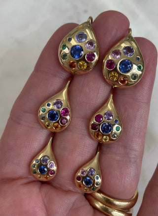 Large Petal Drop Earrings with Rainbow Sapphires & Emeralds
