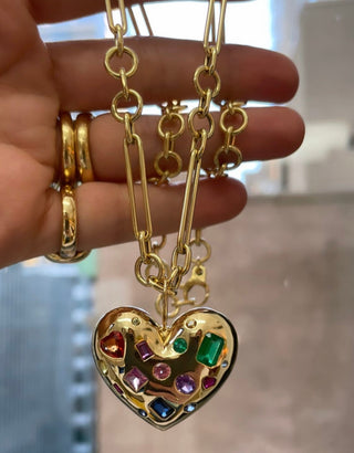 Gold Puff Heart Pendant with Rainbow Stones