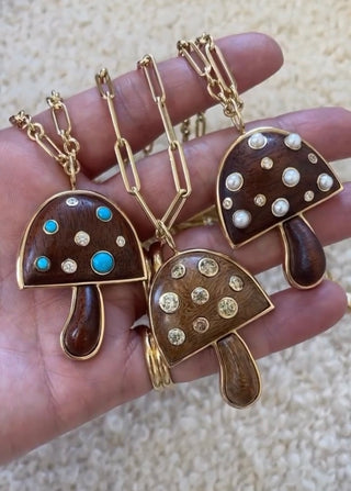 Large Magic Mushroom Pendant with Carved Wood and Champagne Diamonds