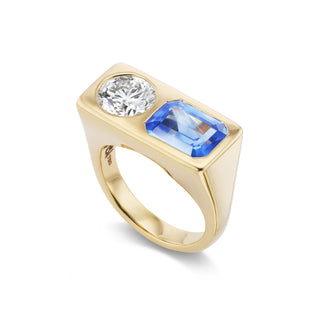 One-of-a-Kind Two-Stone BNS Ring with Diamond Round and Emerald-Cut Sapphire