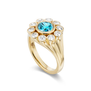 One-of-a-Kind Wildflower Ring with Round Blue Zircon and Diamond Petals