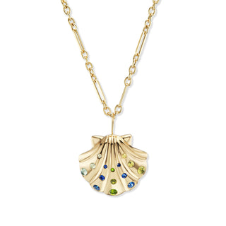 Large Gold Shell Pendant with Blue-Green Cabochons