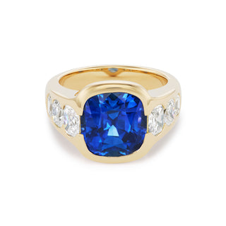 One-of-a-Kind BNS Ring with North-South Cushion Blue Sapphire and Cushion Diamond Sides