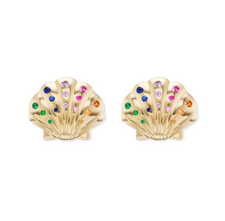 Medium Gold Shell Earrings with Rainbow Sapphires