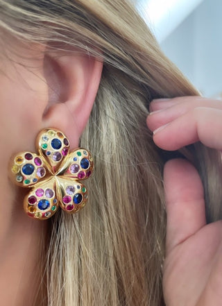 Medium Petal Flower Earrings with Rainbow Sapphires & Emeralds
