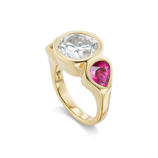 One-of-a-Kind Rose Gold BNS Ring with Round Diamond and Pink Tourmaline Pear Sides
