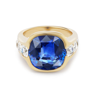 One-of-a-Kind BNS Ring with Cushion Blue Sapphire and Cushion Diamond Sides