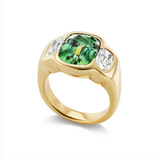 One-of-a-Kind BNS Ring with Cushion Green Tourmaline & Cushion Diamond Sides