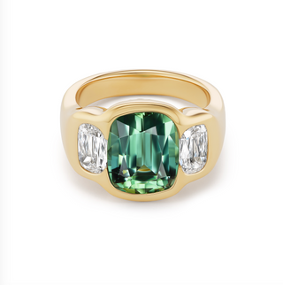 One-of-a-Kind BNS Ring with Cushion Green Tourmaline & Cushion Diamond Sides