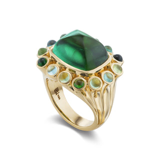 One-of-a-Kind Wildflower Ring with Green Tourmaline Cabochon Center and Blue-Green Cabochon Petals