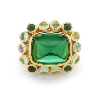 One-of-a-Kind Wildflower Ring with Green Tourmaline Cabochon Center and Blue-Green Cabochon Petals