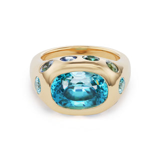 One-of-a-Kind Crown Ring with Blue Zircon and Ombre Blue Sapphires