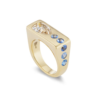 One-of-a-Kind BNS Waterfall Ring with Diamond Pear and Blue Sapphire Rounds