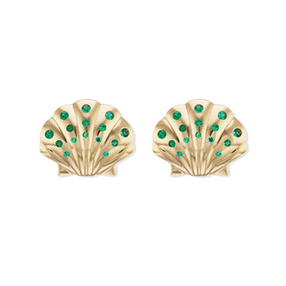 Medium Gold Shell Earrings with Emeralds