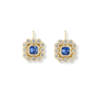 Wildflower Drop Earrings with Cushion Blue Sapphires & Diamond Petals