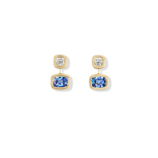 Double Drop Pillow Earrings with Diamond and Blue Sapphire Cushions