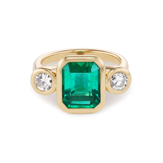 One-of-a-Kind Pillow Ring with Emerald and Round Diamond Sides