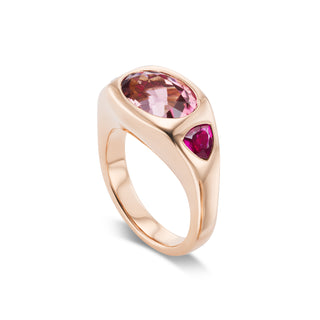 One-of-a-Kind Rose Gold BNS Ring with Oval Pink Tourmaline and Trillion Ruby Sides