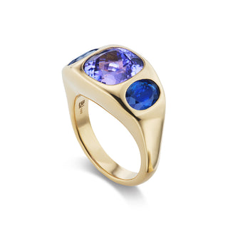 One-of-a-Kind BNS Ring with Cushion Tanzanite and Blue Sapphire Oval Sides