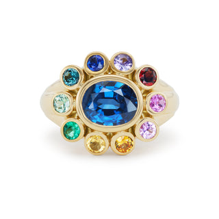 One-of-a-Kind Wildflower Ring with Oval Blue Sapphire and Rainbow Petals