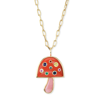 Large Magic Mushroom Pendant with Coral & Pink Opal and  Multi-Colored Sapphires