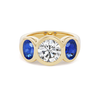 One-of-a-Kind BNS Ring with Round Diamond and Blue Sapphire Oval Sides