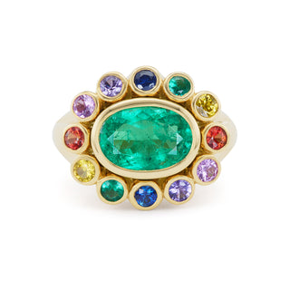 One-of-a-Kind Wildflower Ring with Oval Emerald and Rainbow Sapphire Petals