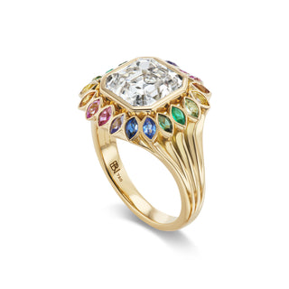 One-of-a-Kind Wildflower Ring with Asscher Diamond and Rainbow Sapphire Petals
