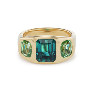 One-of-a-Kind BNS Ring with Emerald-Cut and Cushion Green Tourmaline