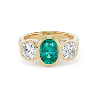 One-of-a-Kind BNS Ring with Oval Emerald and Round Diamond Sides