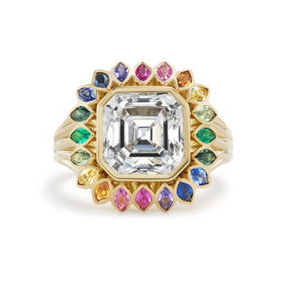 One-of-a-Kind Wildflower Ring with Asscher Diamond and Rainbow Sapphire Petals