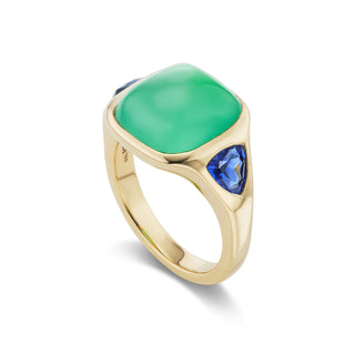 One-of-a-Kind BNS Ring with Chrysoprase Cabochon and Trillion Sapphire Sides