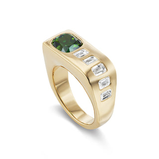 One-of-a-Kind BNS Waterfall Ring with Cushion Green Tourmaline and Emerald-Cut Diamonds