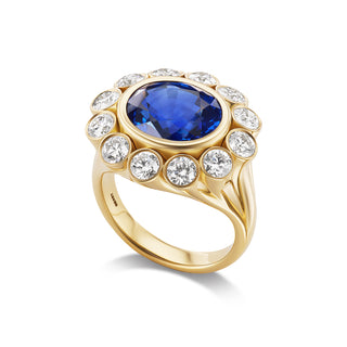 Wildflower Ring with Oval Blue Sapphire & Diamond Petals - SIZE 7
