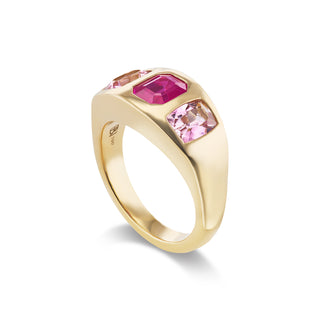 One-of-a-Kind BNS Ring with Emerald-Cut Ruby and Pink Spinel Sides