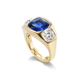 One-of-a-Kind BNS Ring with Cushion Blue Sapphire and Old Mine Diamond Sides