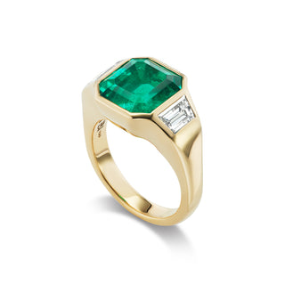 One-of-a-Kind BNS Ring with Emerald and Diamond Trapezoid Sides