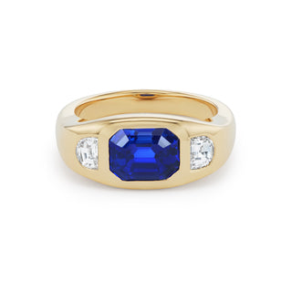 One-of-a-Kind BNS Ring with Emerald-Cut Sapphire and Half-Moon Diamond Sides