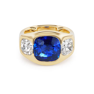 One-of-a-Kind BNS Ring with Cushion Blue Sapphire and Old Mine Diamond Sides