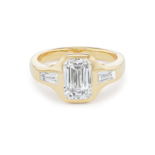One-of-a-Kind BNS Ring with North-South Emerald-Cut Diamond and Diamond Baguette Sides