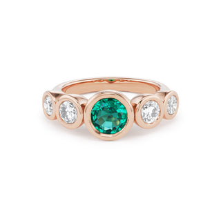 One-of-a-Kind Pillow Ring with Round Emerald and Round Diamond Sides