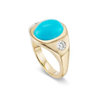 One-of-a-Kind BNS Ring with Turquoise Cabochon and Round Diamond Sides