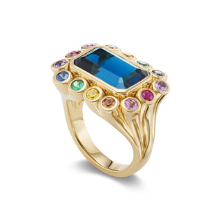 One-of-a-Kind Wildflower Ring with Blue Topaz and Rainbow Petals