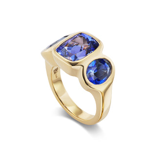 One-of-a-Kind BNS Ring with Elongated Tanzanite Cushion and Oval Blue Sapphire Sides