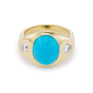 One-of-a-Kind BNS Ring with Turquoise Cabochon and Round Diamond Sides